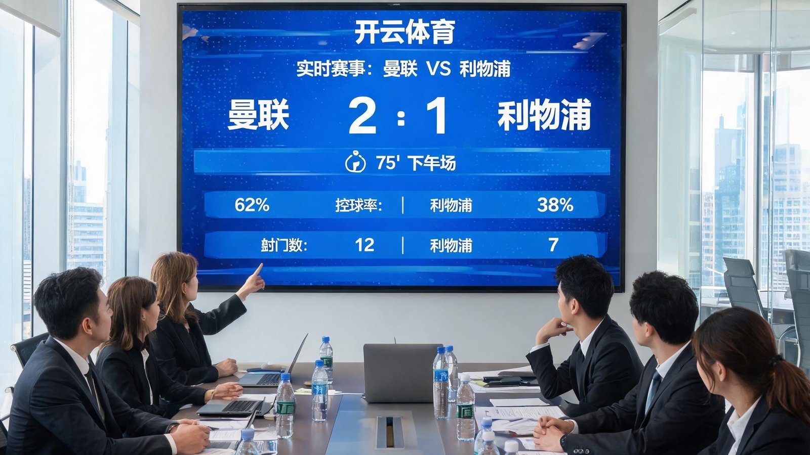 开云体育核心团队在现代化会议室中讨论赛事数据大屏，墙上有实时足球比赛数据
